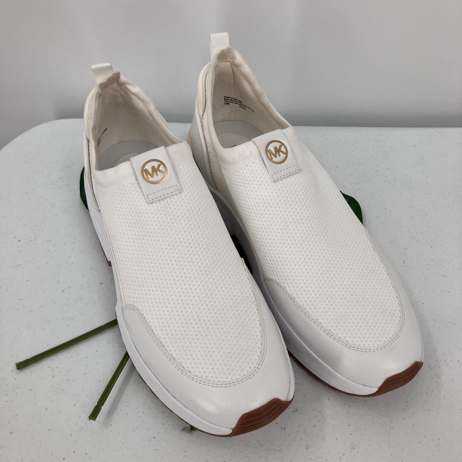 Michael Michael Kors Optic White Gold Stretch Knit Muse Slip On Sneaker Shoes